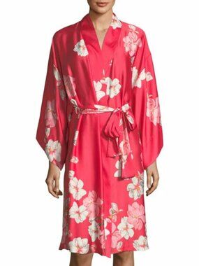 Natori Magnolia Floral Satin Robe Red Pink Kimono Sleeve Belted Size M 49” Luxe